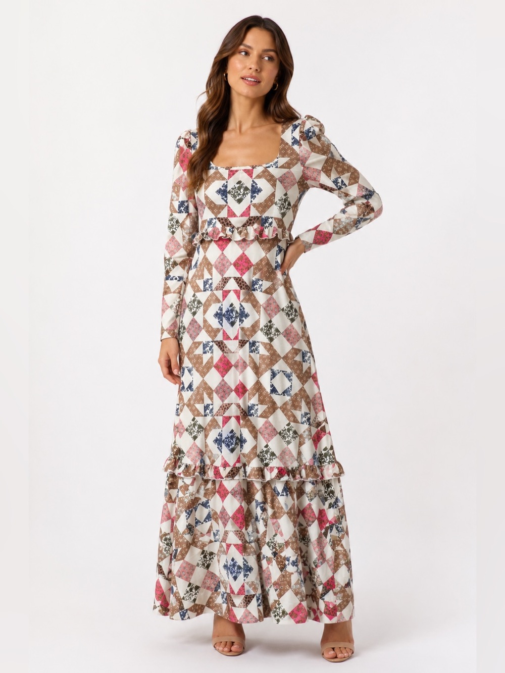 Smith & Quinn Ruffle Tiered Maxi Dress Patchwork Print Long Sleeve Medium